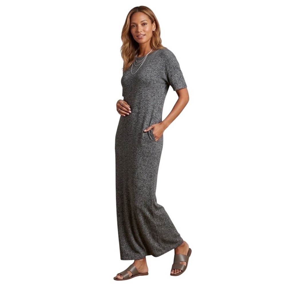 Victoria Holley Grey Marled Knit Short Sleeve Maxi Column Dress Women Minimalist
